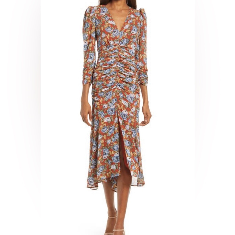 FLORET STUDIOS | Floral Print Ruched Puff Shoulder Midi Dress